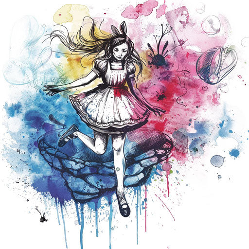 Alice falling into rabbit hole with intricate tattoo design