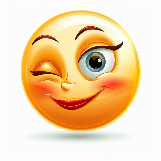 Female winking smiley emoji, white background, yellow orange