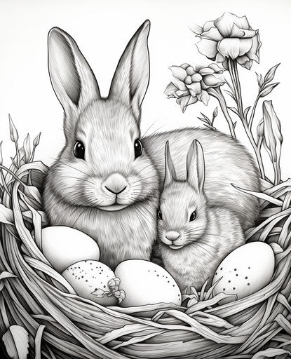 Coloring page with rabbits and chicks with Easter eggs