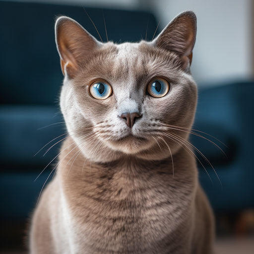 A grey cat with blue eyes looking at the camera, in the style of light maroon and light beige, iconic
