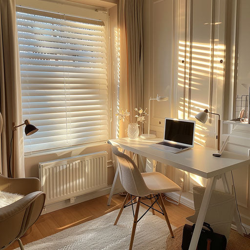 Cozy home office setup with minimalist white desk