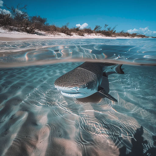 Reflective gaze of a tiger shark near a sandy beach