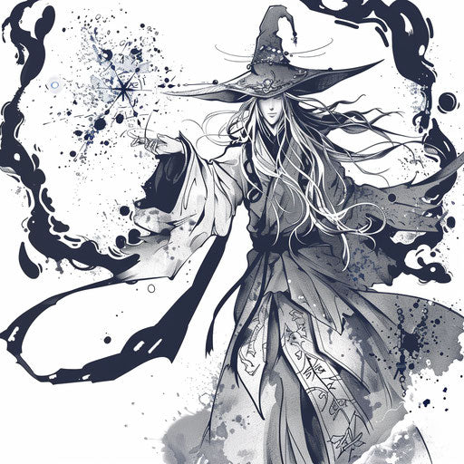 Powerful anime wizard casting a spell, magical symbols tattoo