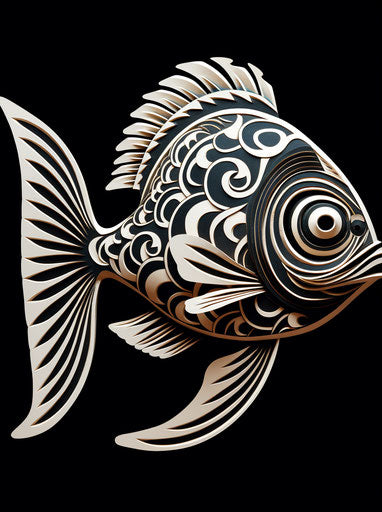 Black and white tribal fish motif in fluid gesture style