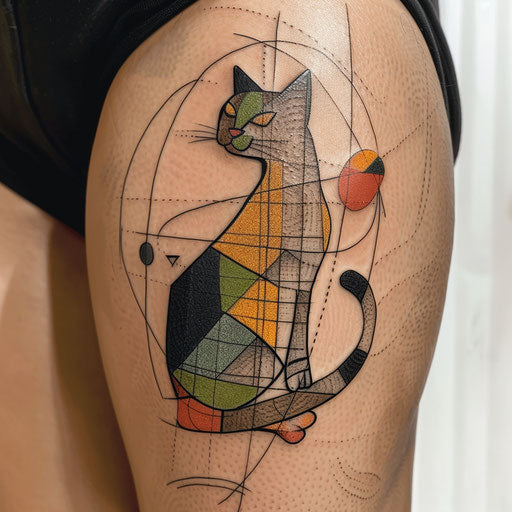 Tattoo sketch of cat silhouette with geometric shapes, colors