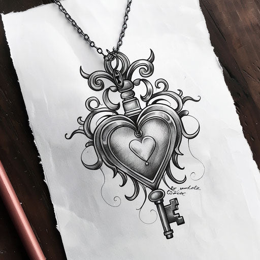 Heart-shaped locket tattoo design with key, symbolizing eternal love and memories unlocking