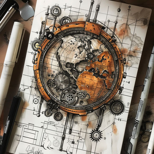 Flat Earth tattoo sketch with steampunk theme