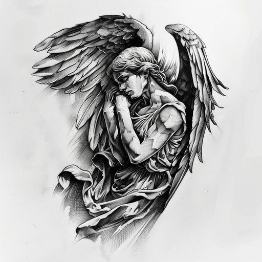 Realistic black and grey guardian angel tattoo design