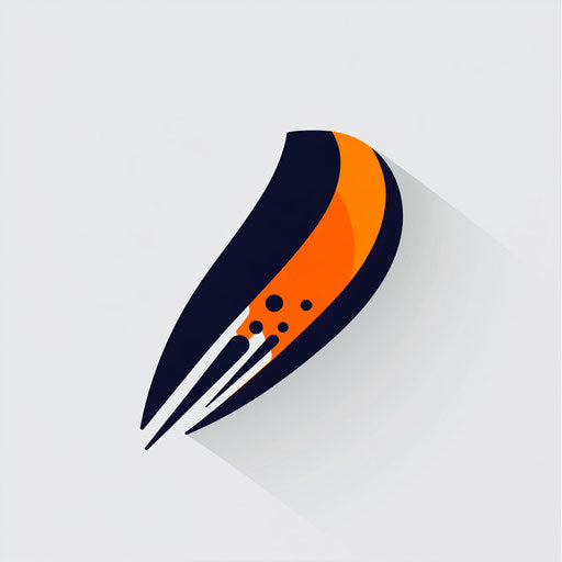 Minimalist cricket logo with sleek cricket bat and ball icon, refined typography, vibrant orange and navy blue, on flat light gray background.