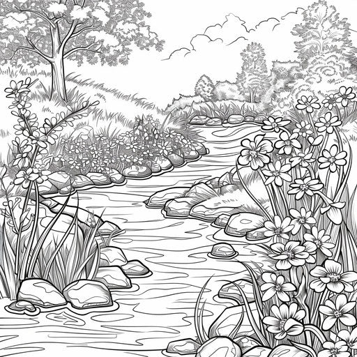 Tranquil stream in a field of spring flowers