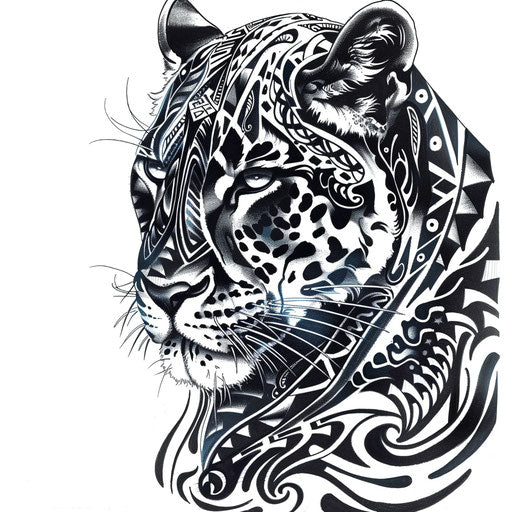 Polynesian-inspired black panther tattoo design, filled with patterns, against a pure white setting.