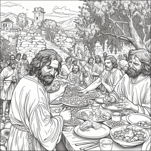 Detailed scene of Jesus feeding the five thousand