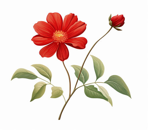 Drawing of a red flower with green leaves