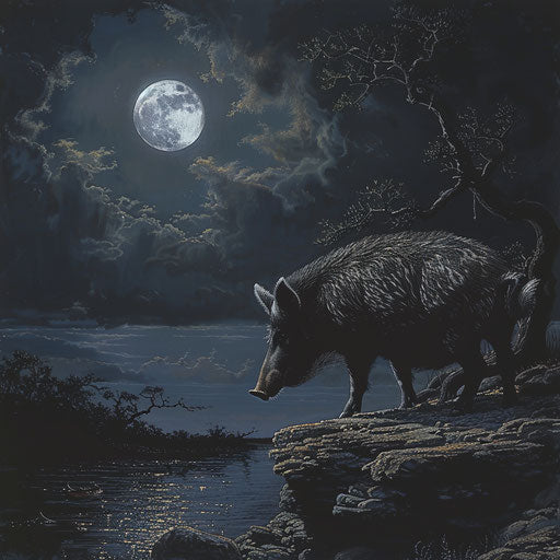 Wild boar in a dramatic and moonlit scene