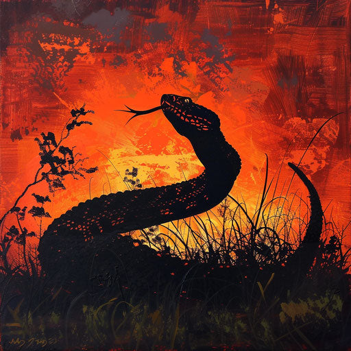 Silhouette of a rattlesnake against a fiery sunset in the savanna