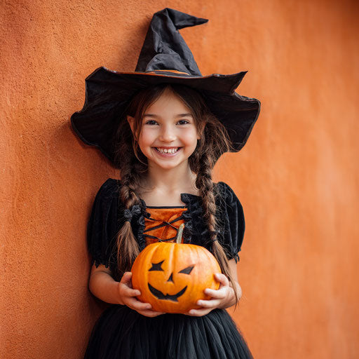 A cheerful girl in a witch costume holding a pumpkin