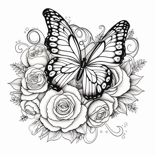 Butterfly and roses coloring page in captivating style