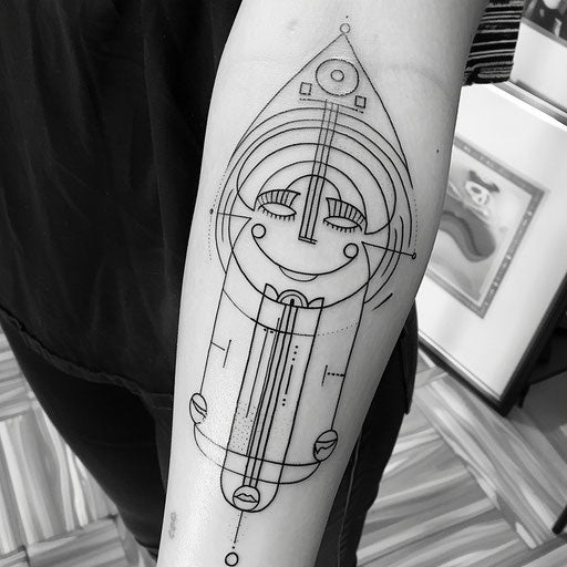 Art Deco inspired smiley face tattoo, geometric shapes