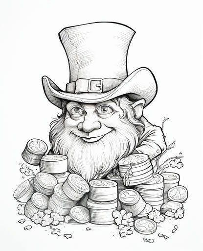 Leprei coloring page with lepre's hat, giant money sculpture style