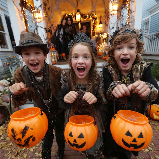 Kids Excitedly Holding Halloween Treat Buckets
