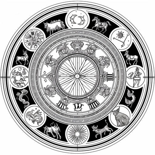 Circle with zodiac symbols, coloring book page