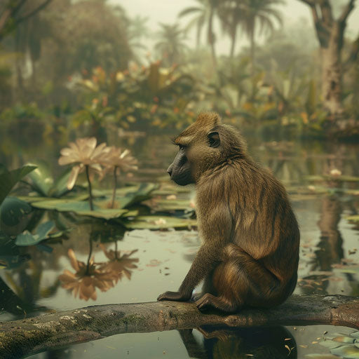 Baboon in a peaceful natural setting, calm and serene