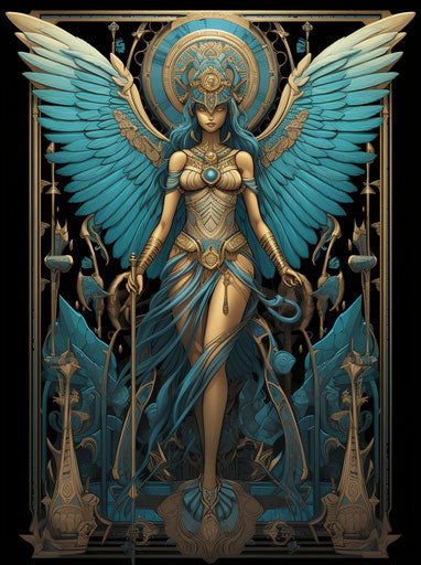 Tattered paper poster, neotraditional style, mythical beasts, dark bronze and light azure