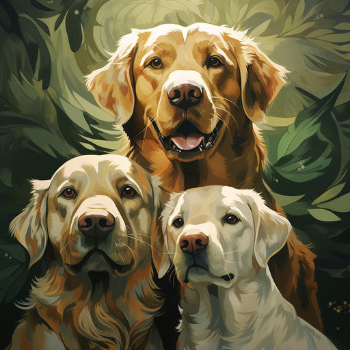 Three dogs: yellow, light green, gold resting together