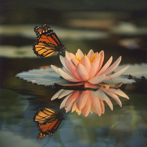 Reflection of a monarch butterfly on a water lily leaf