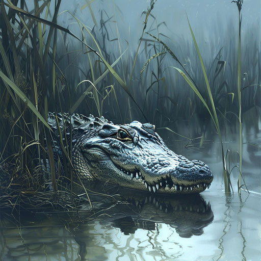 Camouflaged crocodile in the swamp with reeds and grasses