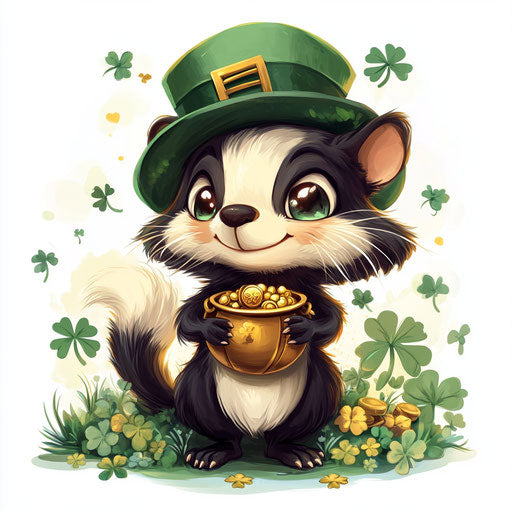 St. Patrick's Day skunk with green hat, gold coin, pot of gold, clovers, white background, digital art.
