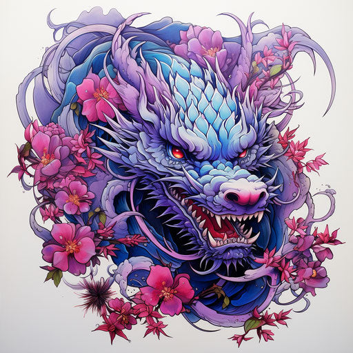 Purple dragon with flowers, seapunk style, colorful and lively