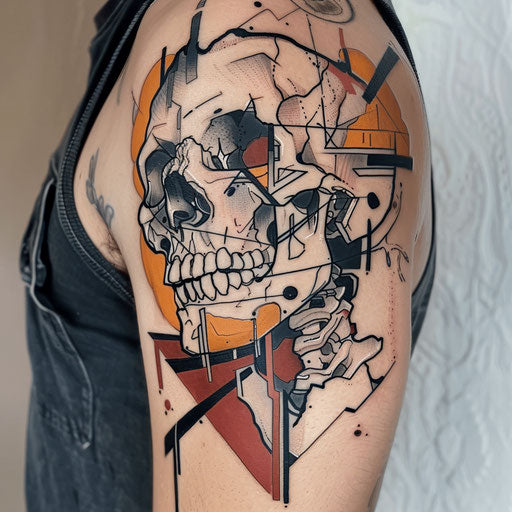 Abstract flat tattoo sketch with a fragmented, colorful depiction of hell