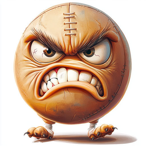 Humorous caricature of a rugby ball with human characteristics