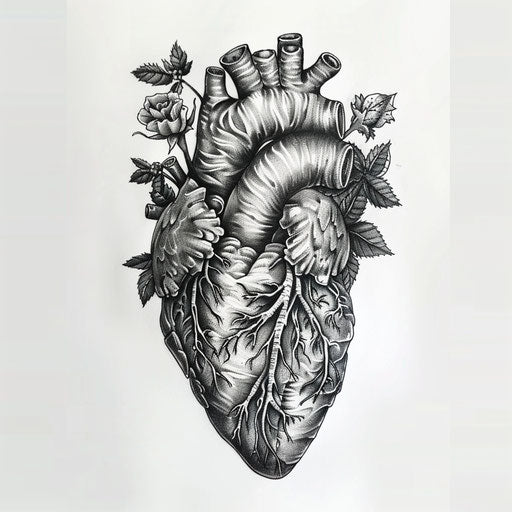 Anatomical heart tattoo design in black and grey shading