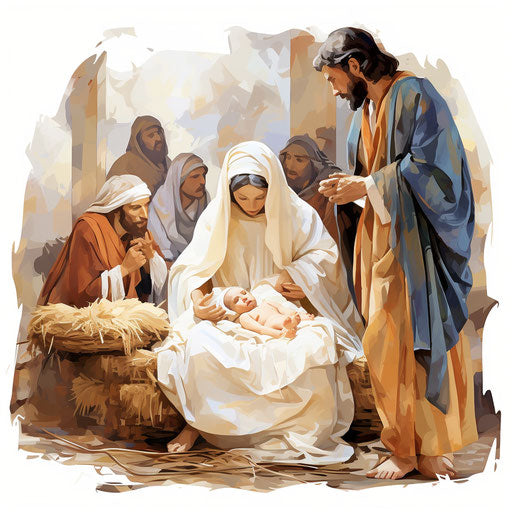 Nativity clip art in the style of oil painting, on a white background
