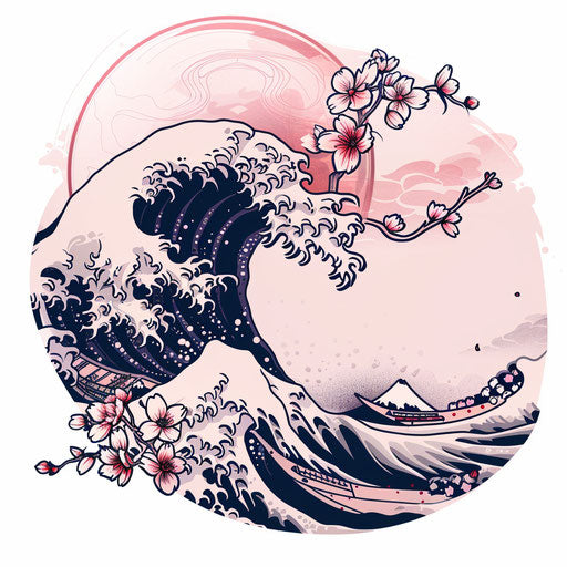 Tranquil Japanese wave with delicate cherry blossoms