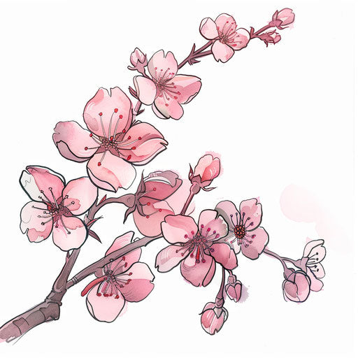 Cherry blossom branch tattoo sketch in watercolor-inspired clipart style