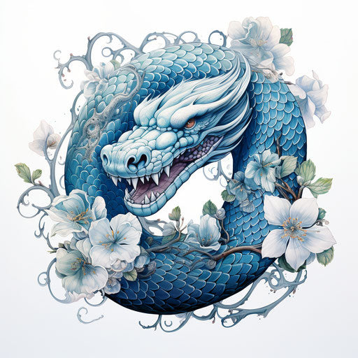 Blue snake tattoo design on white background, chinapunk style