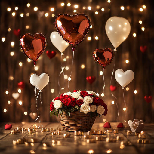 Romantic setting with heart-shaped balloons, red and white roses