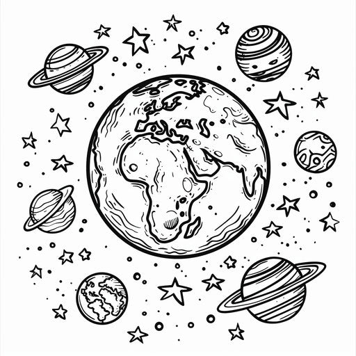 Earth surrounded by planets and stars - Fun cartoon style