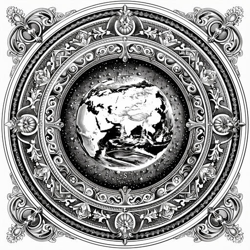 Earth mandala surrounded by intricate patterns