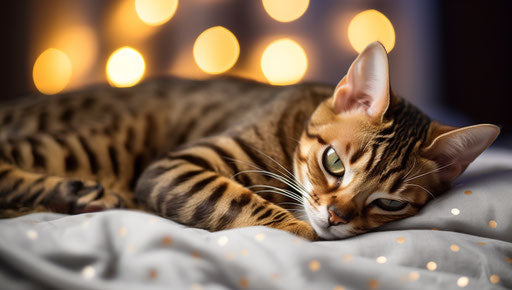Bengal cat sleeping on bed, light maroon and light gold style