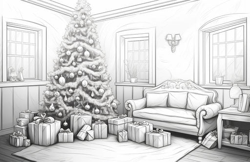 Black and white Christmas drawing in mesmerizing colorscapes style