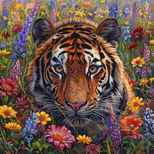 Tiger blending in bright flower field colors