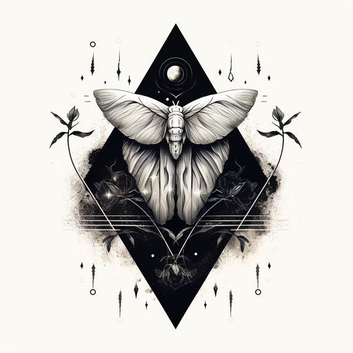 Moth on moon symbol tattoo design, geometric composition style