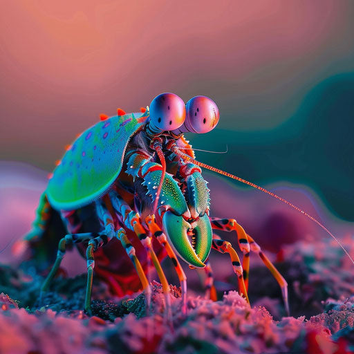 Mantis shrimp at sunset, vibrant colors and contrast