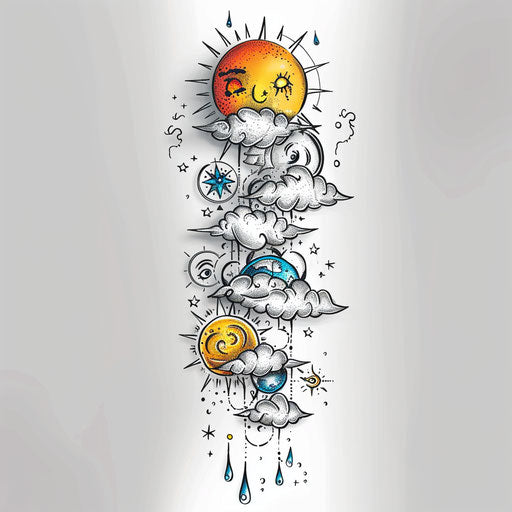 Flat tattoo sketch of a layered atmosphere with various weather icons