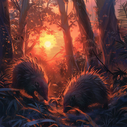 Porcupines in a dense forest at sunset