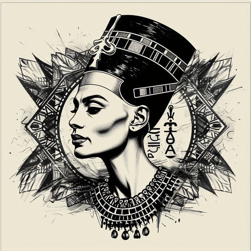 Artistic flat tattoo sketch of Nefertiti framed by traditional Egyptian motifs